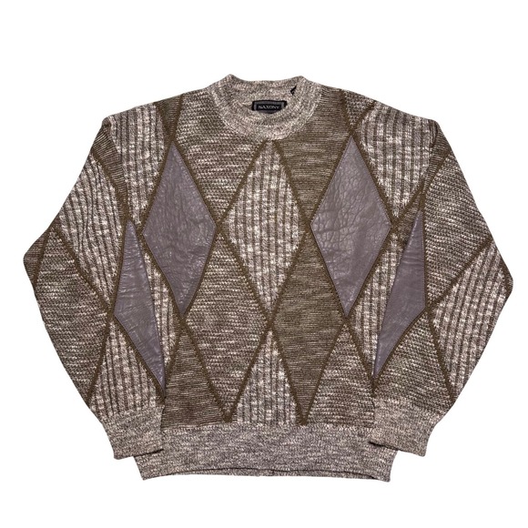 Vintage Saxony Leather Patchwork Sweater Mens Medium Chunky Knit Geometric